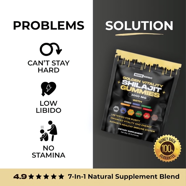 A high-contrast split-screen ad that maps specific health frustrations directly to a Shilajit supplement solution.